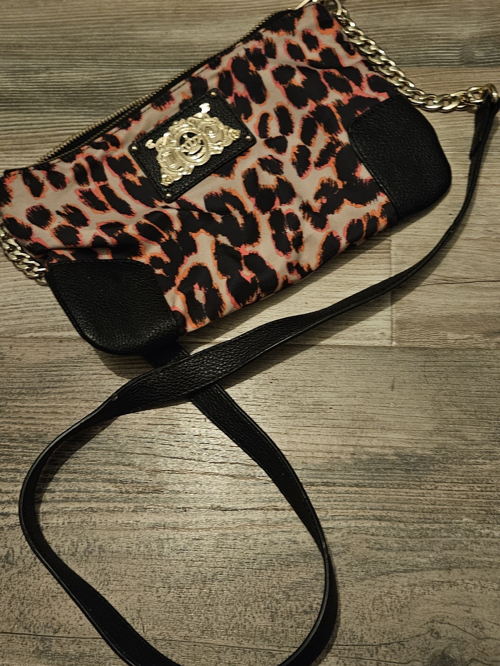 Leopard Print Crossbody Bag with Gold Accent - Black / Orange Pink